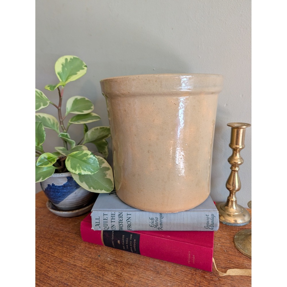 Vintage Tan Stoneware Crock Salt Glaze Ceramic Utensil Holder Farmhouse Decor
